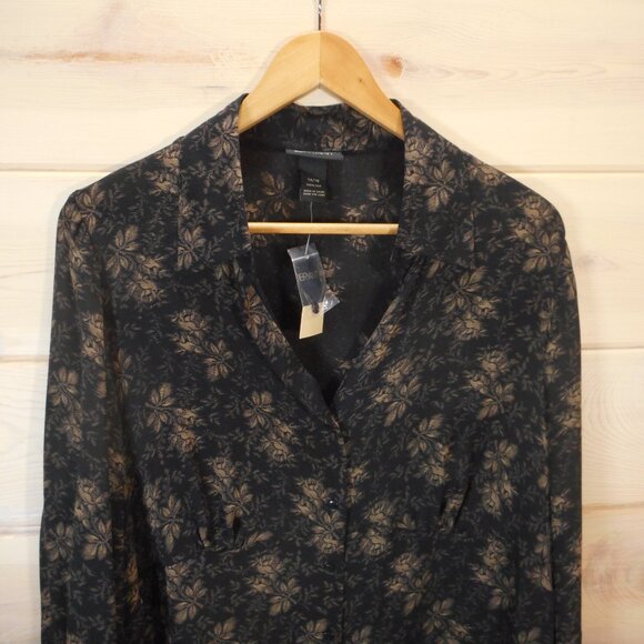 NWT Lane Bryant 100% Silk Women's 14/16 Button-up Blouse Poet Sleeve Dark Floral - Picture 2 of 12